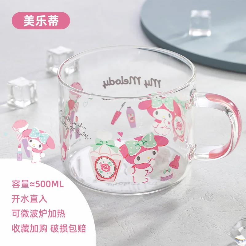 Sanrioed Kawaii Cartoon Printing Borosilicate Water Cup My Melody Cinnamoroll Kuromi Purin Dog Anime Girly Style Juice Cup Cute images - 6