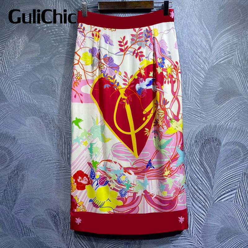 

9.3 GuliChic High Quality Women Temperament Fashion Silk Multicolor Print Collect Waist Package Hip Skirt