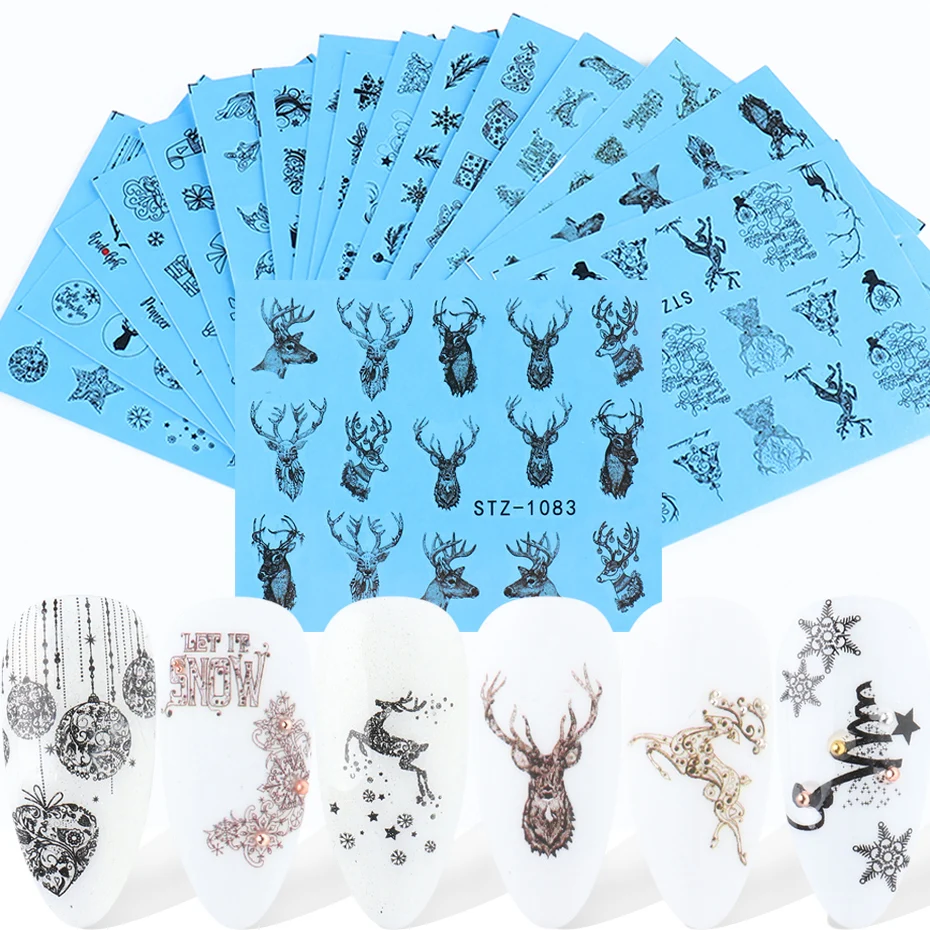 

16pcs Black Nail Sticker Christmas Elk Deer Tree Snowflake Water Transfer Sticker Xmas Winter Nail Accessories SASTZ1082-1097-1