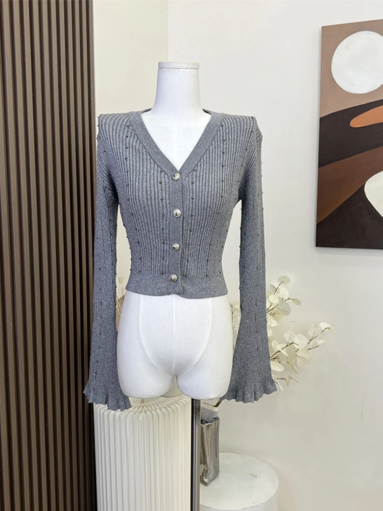 

2023 Autumn Winter Women V-Nec Knitted Cardigans Sweater Loose Sweet Harajuku Female Jumper Single Breasted Baggy Flare Sleeve