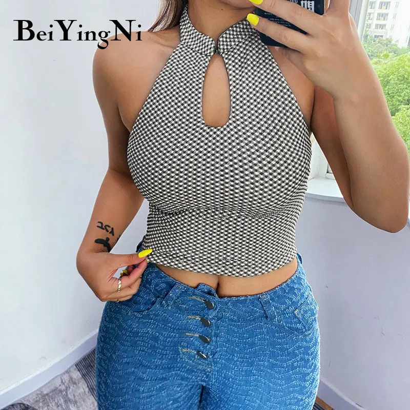 

Новинка 2022, женский короткий топ Beiyingni без рукавов с круглым вырезом, вязаный ажурный клетчатый женский жилет с открытой спиной, повседневны...
