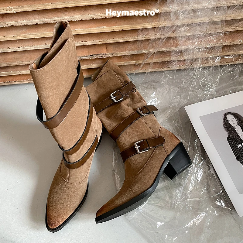 

Heymaestro Short Boots Women Genuine Cow Leather Platform Shoes Pointed Toe Cowboy Boot Ladies 2022 Top Quality Handmade Booties
