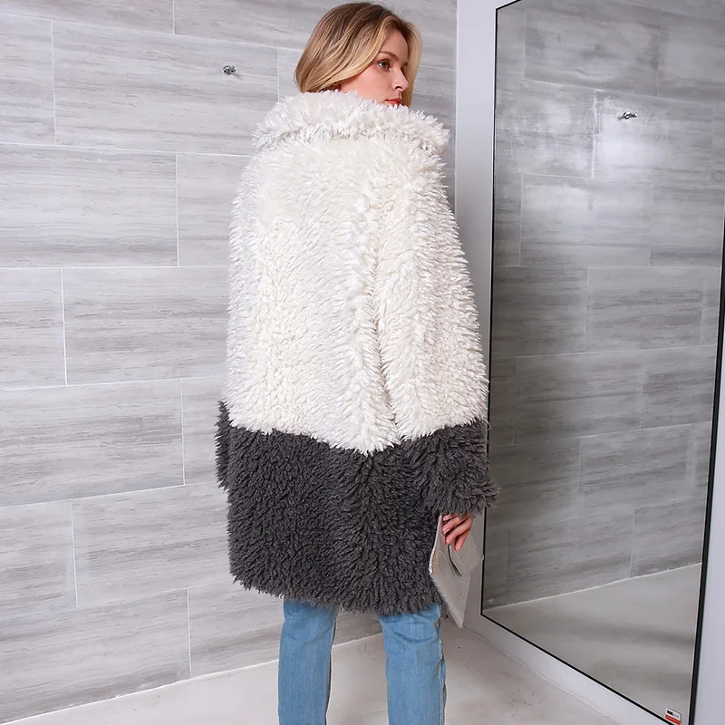 New style imitation fur coat, puffy in winter, warm, plush patchwork coat, women's long sleeved lapel fur coat
