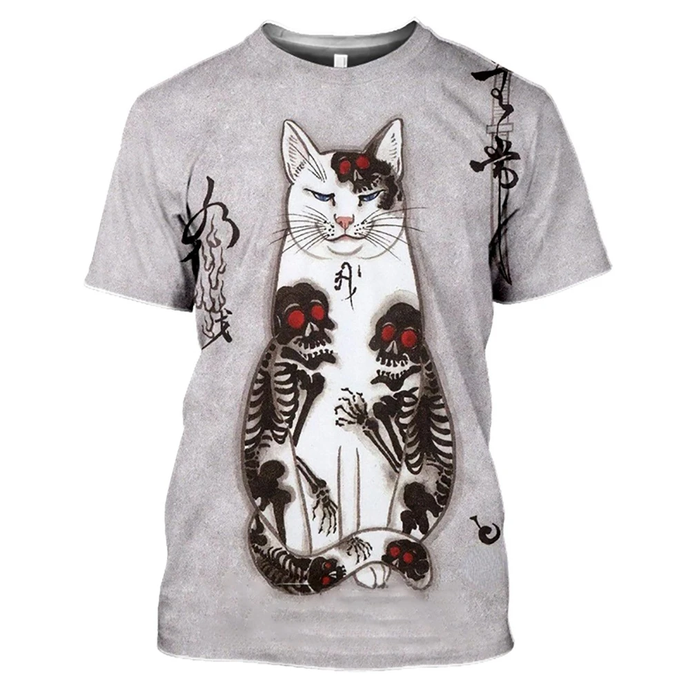 

Camiseta com cat de tatuagem de gato samurai 3d, camisa larga, casual, divertida, verão