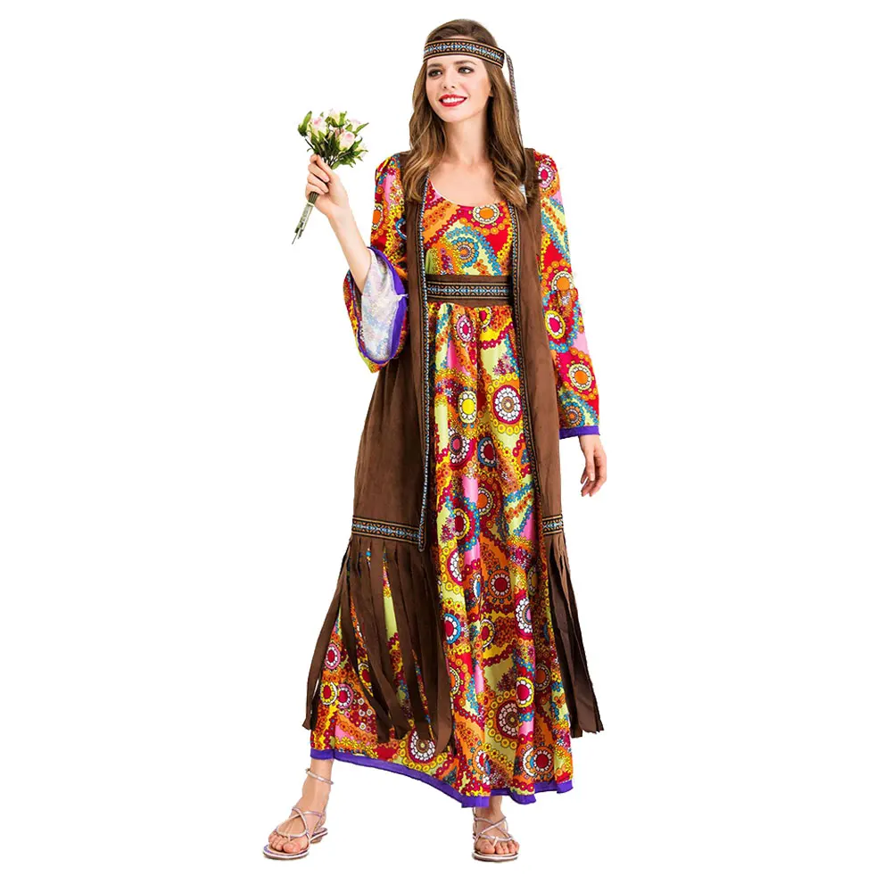 

Women's Peace Love Hippie Dress Purim Party 60s 70s Hippie Stage Wear Costume Set Halloween Indian Tassels Hippie Performance