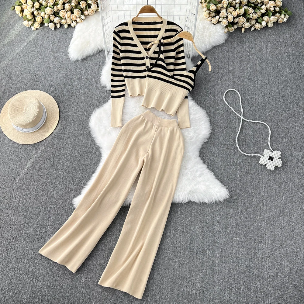 

[Camis + Sweater + Pant] 3 piece set women outfit 2023 matching sets clothing suit pants long sleeve knit top knitwear korean