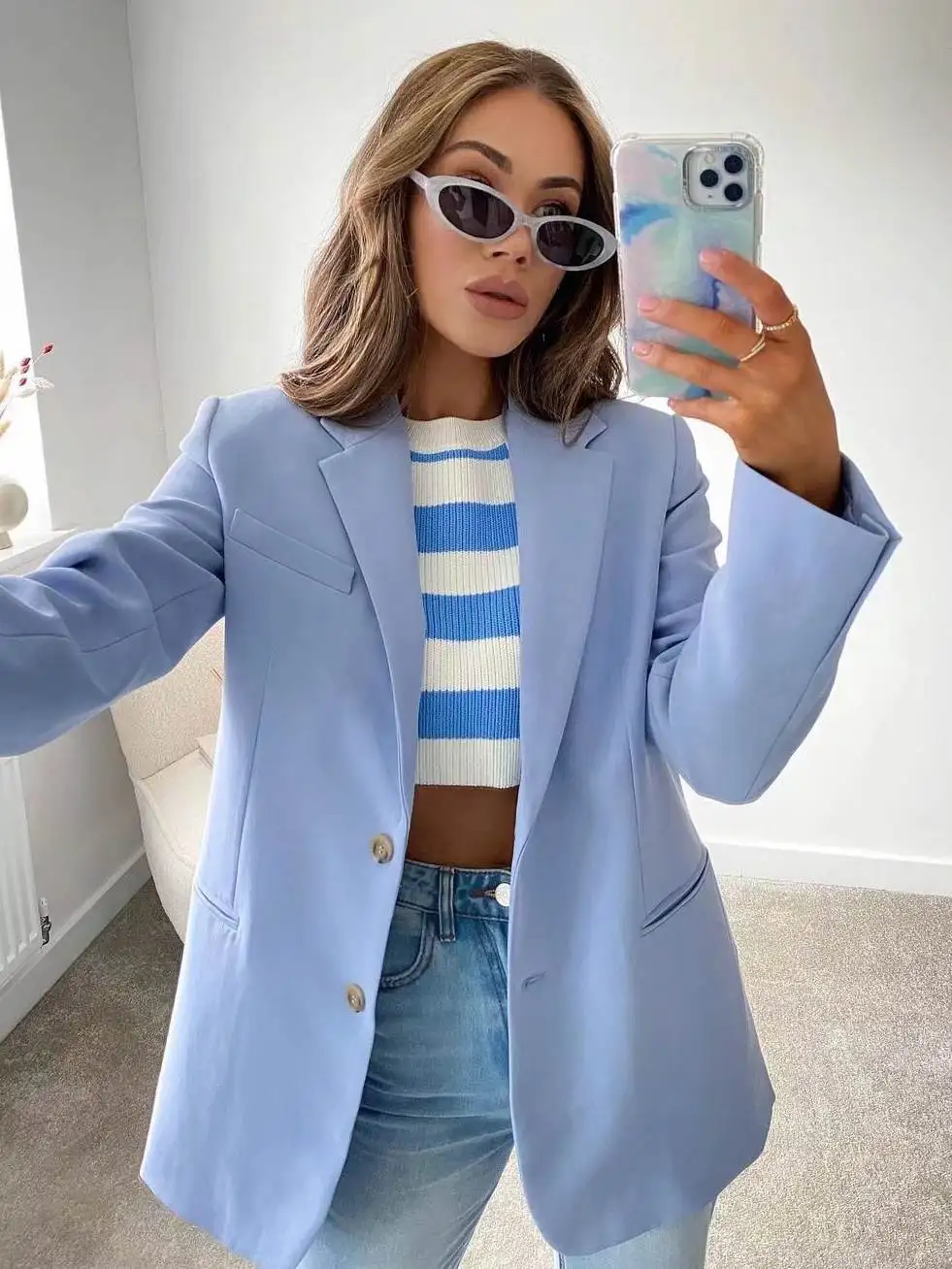 

New Arrivals Women Solid Candy Blue Blazer Coat za Vintage Notched Collar Pocket Fashion Female Oversized Casual Chic Tops 2022