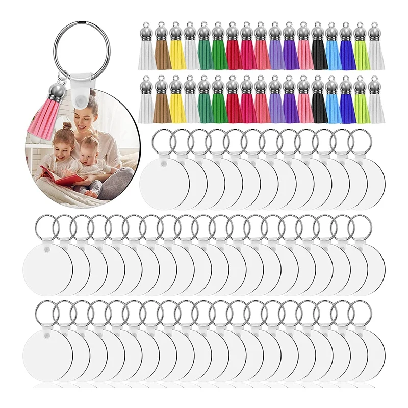 

50 Sets Sublimation Blank Keychains, MDF Keychain Decorative Label Set With 2Inch Heat Transfer Keychain Blanks