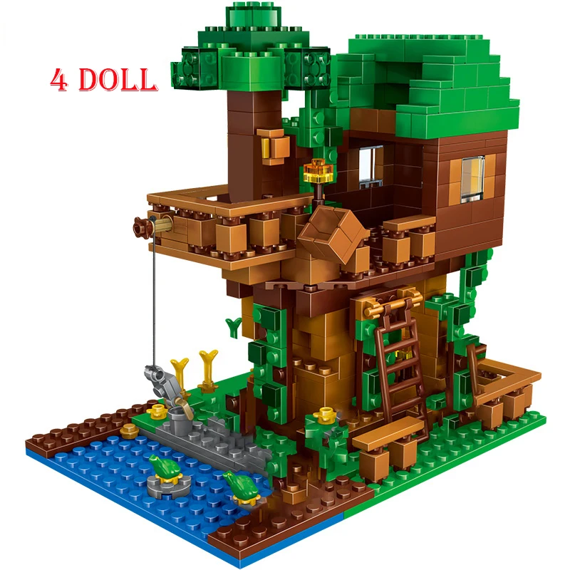 

The Tree House Small Building Blocks Sets With Steve Action Figures Compatible My World MinecraftINGlys Sets Toys For Children