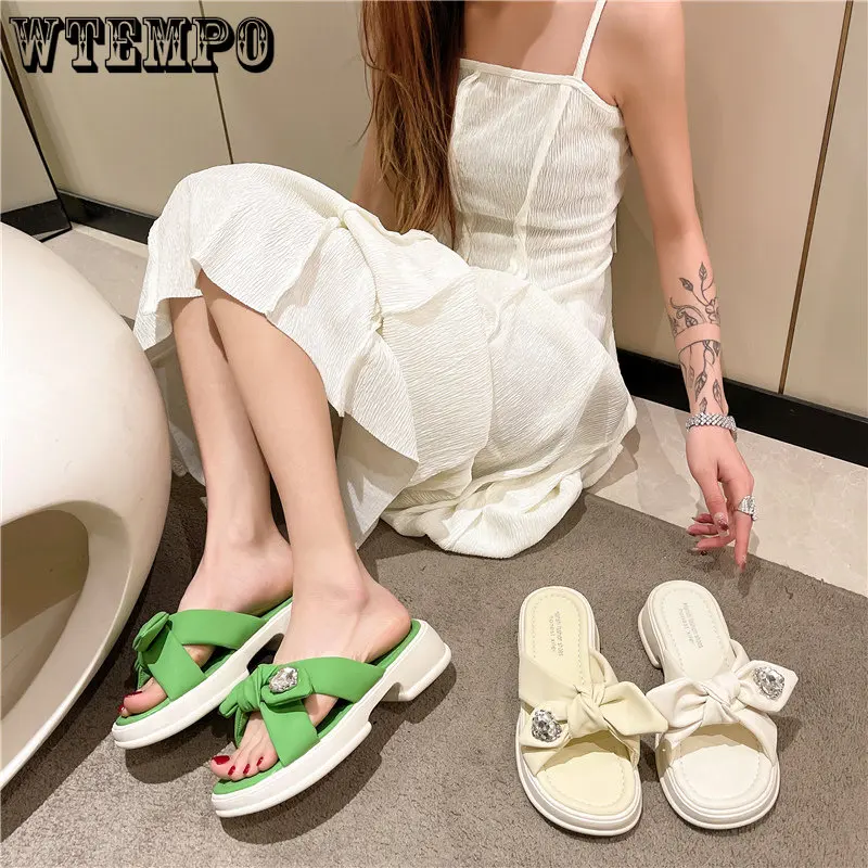 WTEMPO Summer Sandals Ladies Temperament Bow Knot Thick Bottom Slippers Casual Beach Home Wear One Word Drag Dropshipping