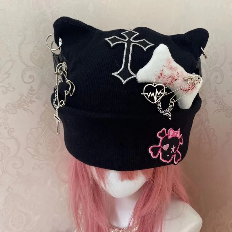 

Y2K Girl Subculture Gothic Punk Cat Ear Hat Cross Skeleton Cute Knitting Black Yarn Hat Autumn Winter Women Gift Soft Cartoon