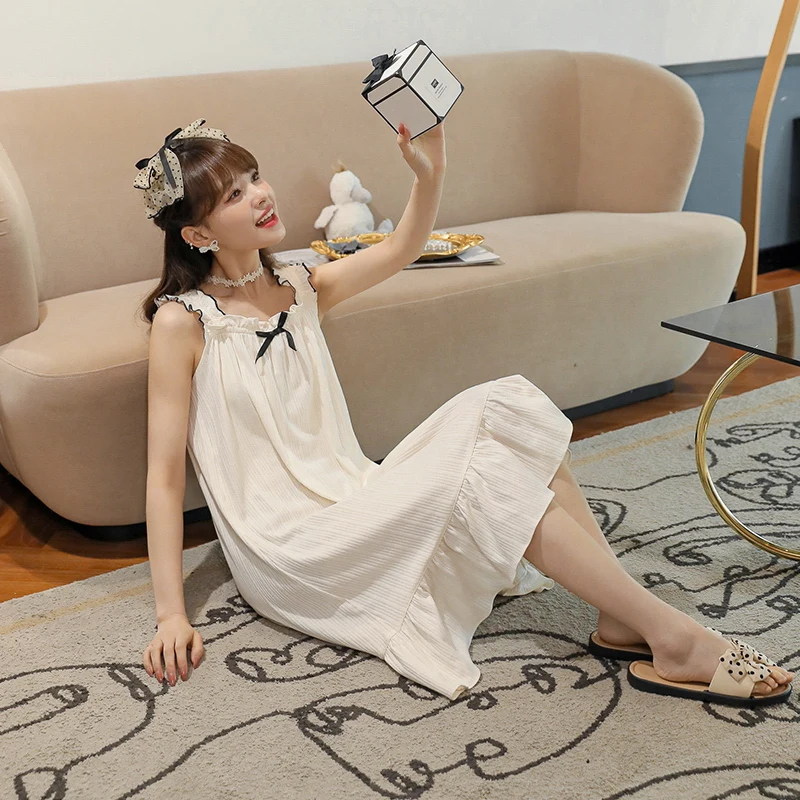 Summer Women Girl Cute Solid Color Suspender Skirt Knitted Cotton Pajamas Sleep Wear