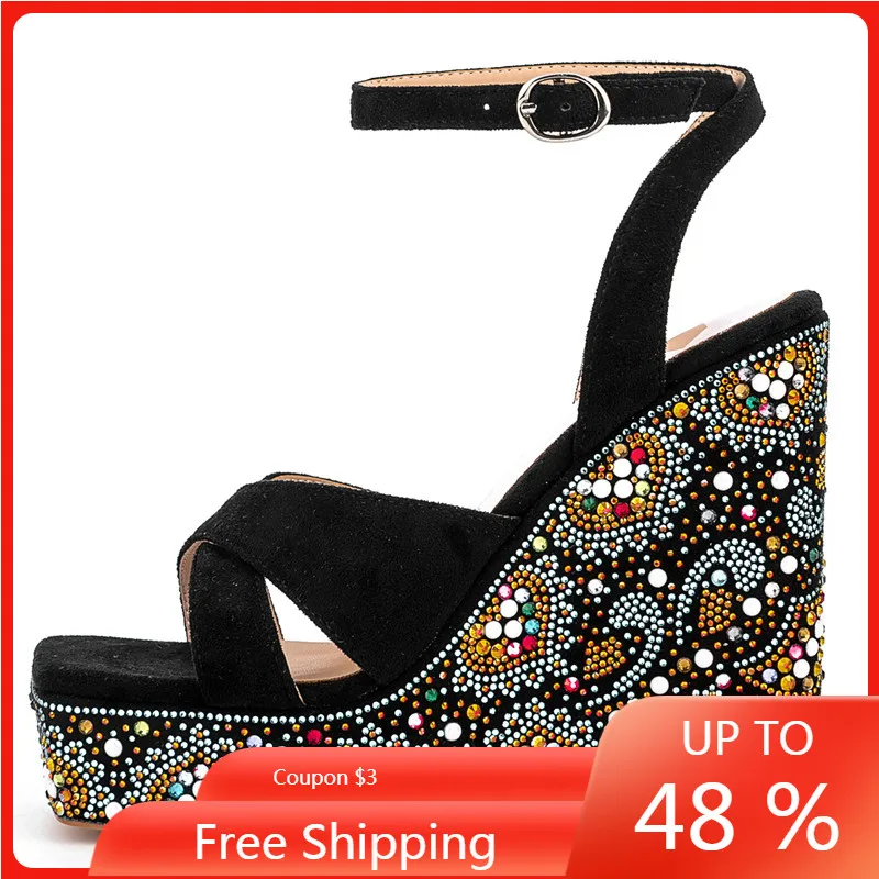 

New Summer Sandals Platform Wedge Heels Shoes Casual Heightening Slope with Women's High Heels Beach Sandals Girl Rhinestones