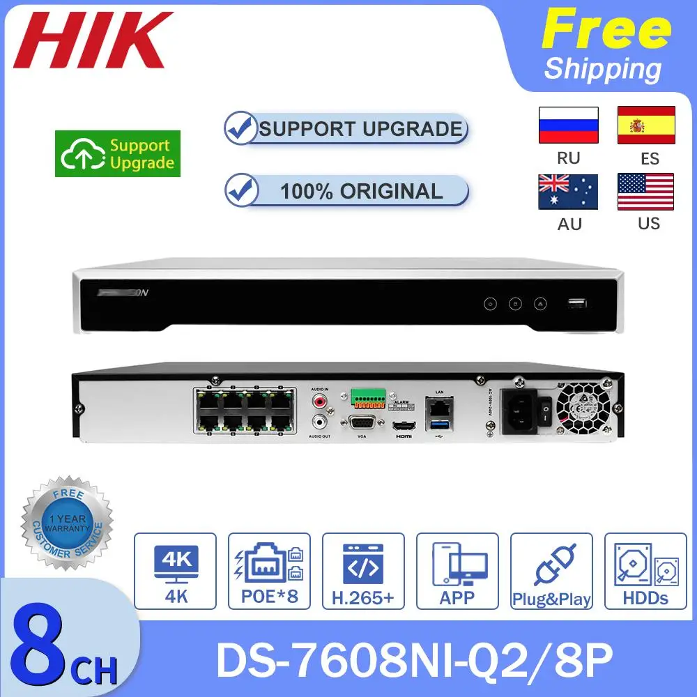 

HIK Original 4K NVR PoE 8 Canais DS-7608NI-Q2/8P 16CH DS-7616NI-Q2/16P Security System Network Video Recorder 2SATA H.265+