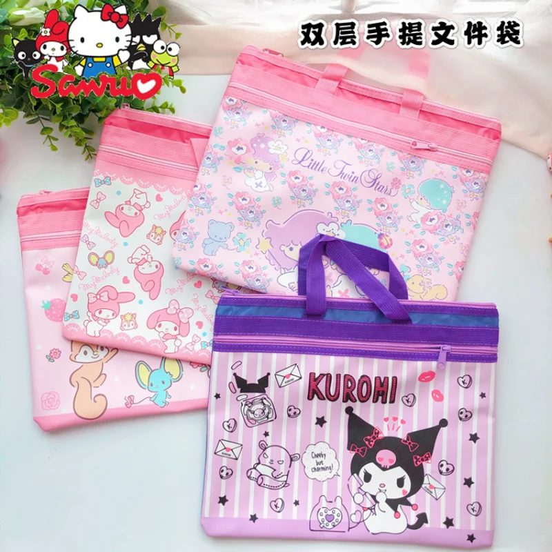 

Sanrio Melody Kuromi Hello Kitty Cinnamoroll Pochacco's Double Layer Document Bag Student Tuition Bag Waterproof Study Bag