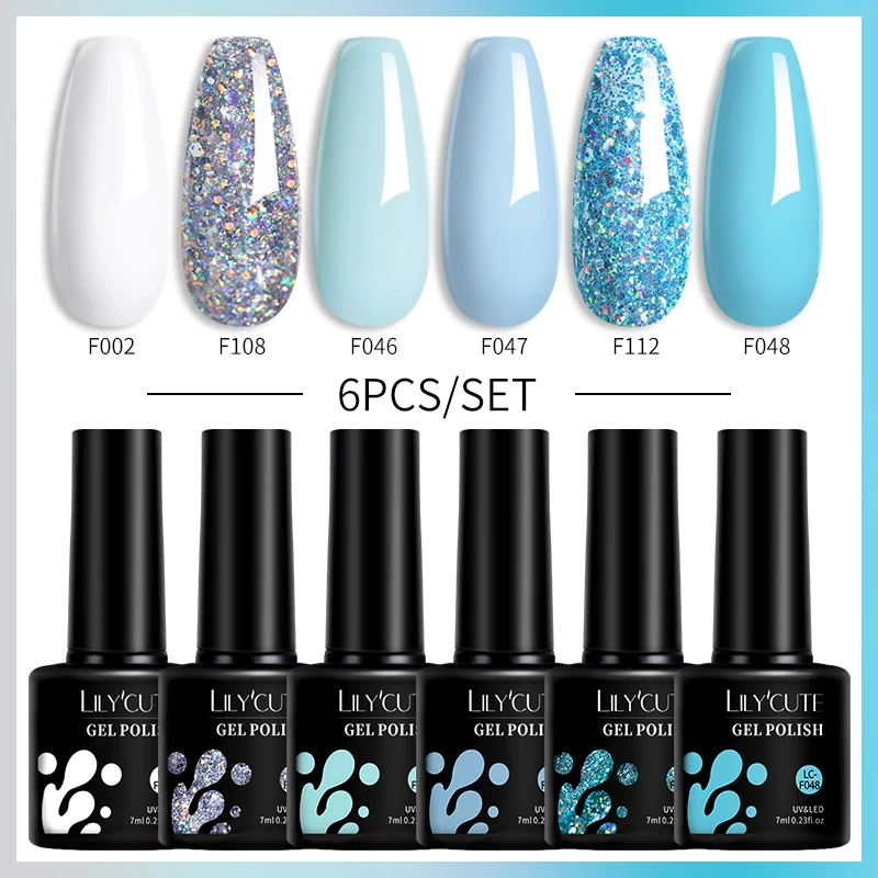 

Гель-лак для ногтей LILYCUTE 6 шт./компл. Синие Блестящие наборы для ногтей все для маникюра Модный лак полустойкое базовое и верхнее покрытие дл...