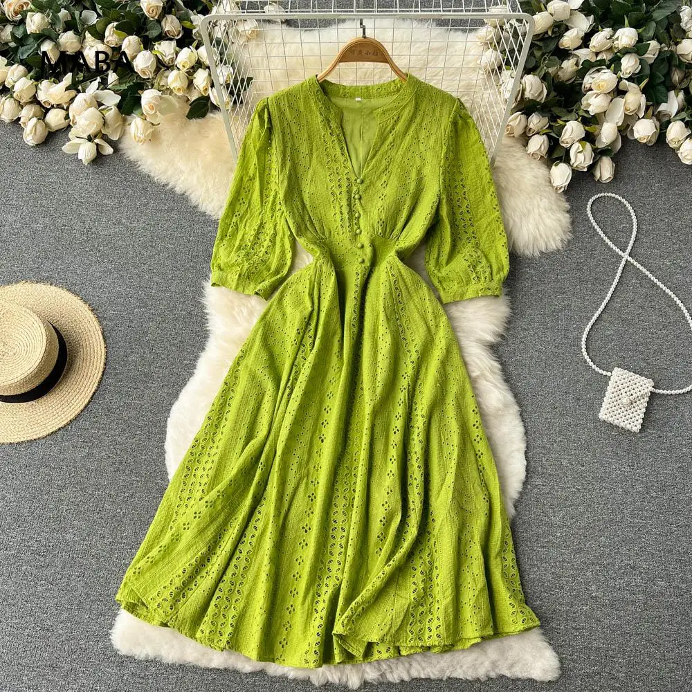 

Korean Puff Short Sleeve Dress Women 2022 Summer V-neck Solid Color Hollow Out Elegant Sweet Beach Holiday Mid-calf Dress Robes