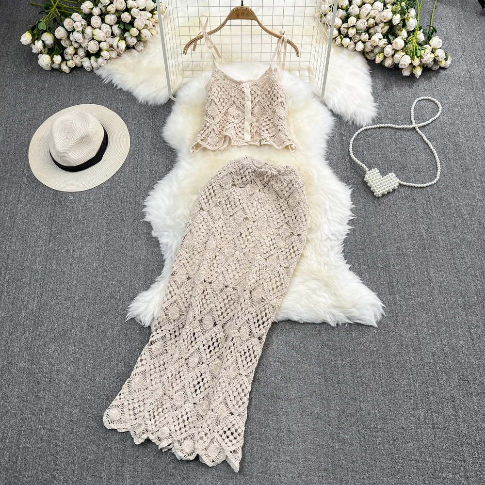 

Summer New vacation fashion suits women hook flower hollowed out knitted suspender tank top two piece sets high waist midi skirt