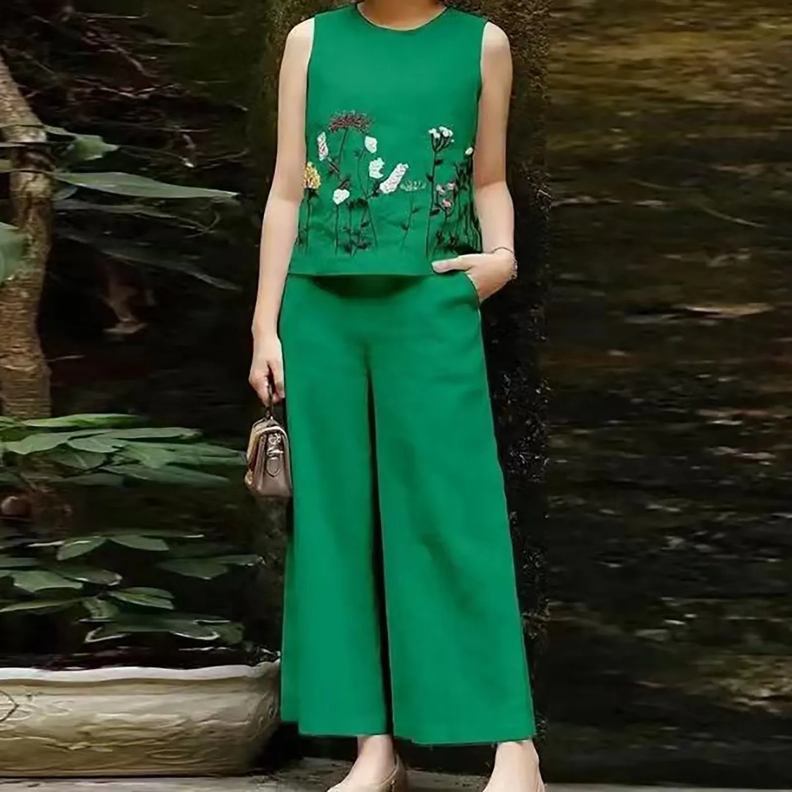 Женский элегантный комплект из 2 предметов однотонный летний костюм с круглым