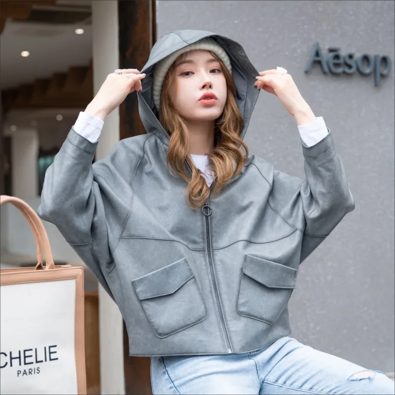 Leather Coat Women's Spring And Autumn Hooded Loose Cape Genuine Leather Coat Female Casual Sheepskin Outerwear