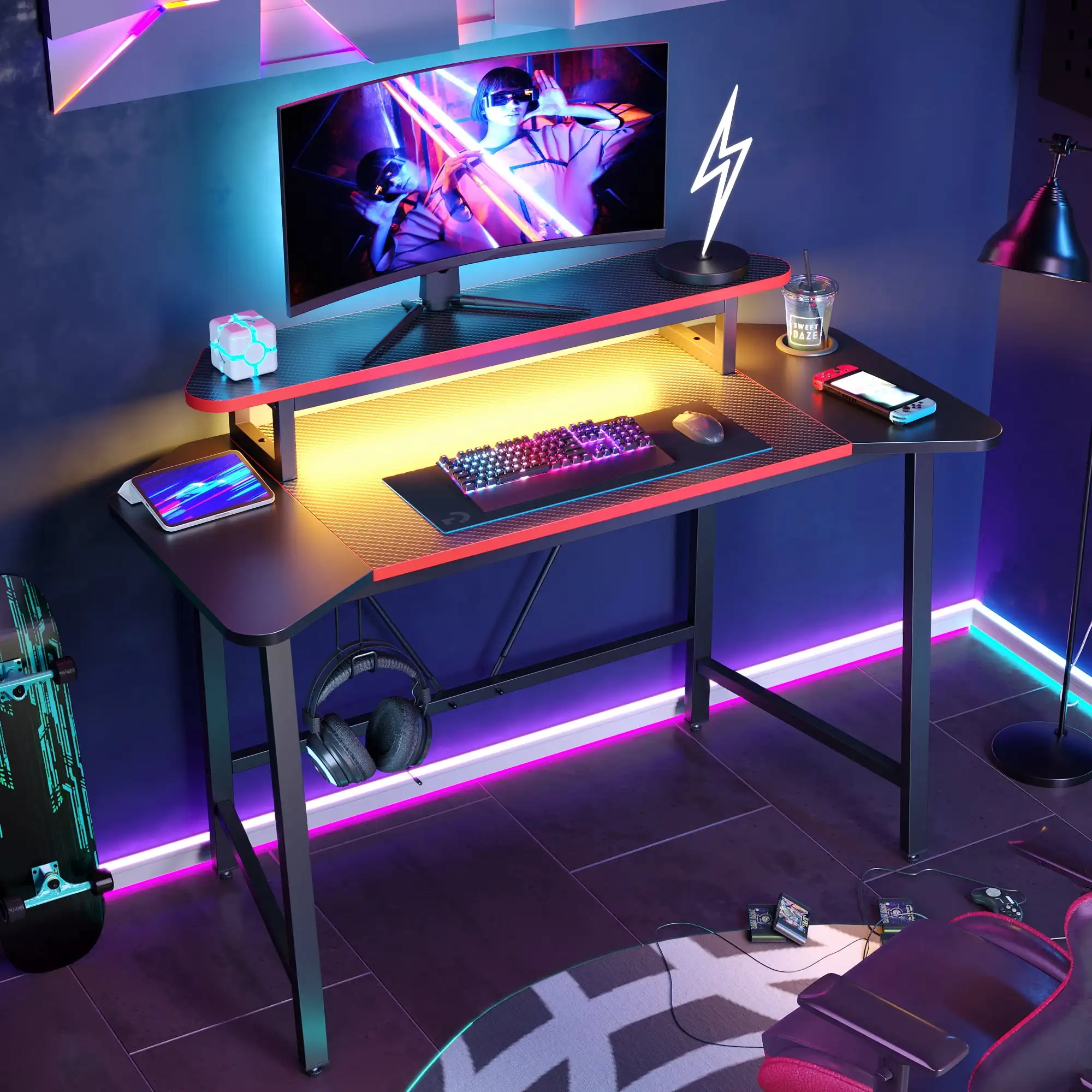 

Bestier 50.3" Gaming Desk Computer Office Table with LED Lights & Monitor Stand, Carbon Fiber