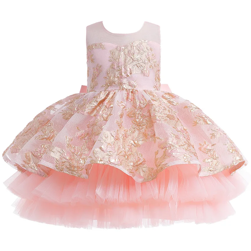 

Vestidos 2022 New Jacquard Princess Dresses For Girls Bow Sleeveless Mesh Party Dress Kids Layered Evening Dresses 3-9 Years Old