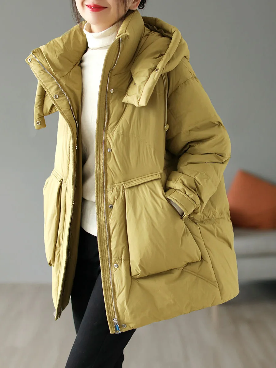 Белое пальто на утином пуху с капюшоном для женщин