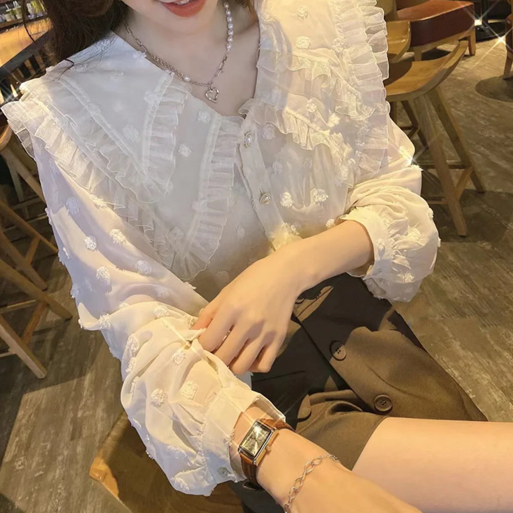 

Fashion Woman Blouses 2022 Spring Niche Sweet Chic Doll Collar White Long-sleeved Ruffles Shirt Korean Ladies Clothing New Items