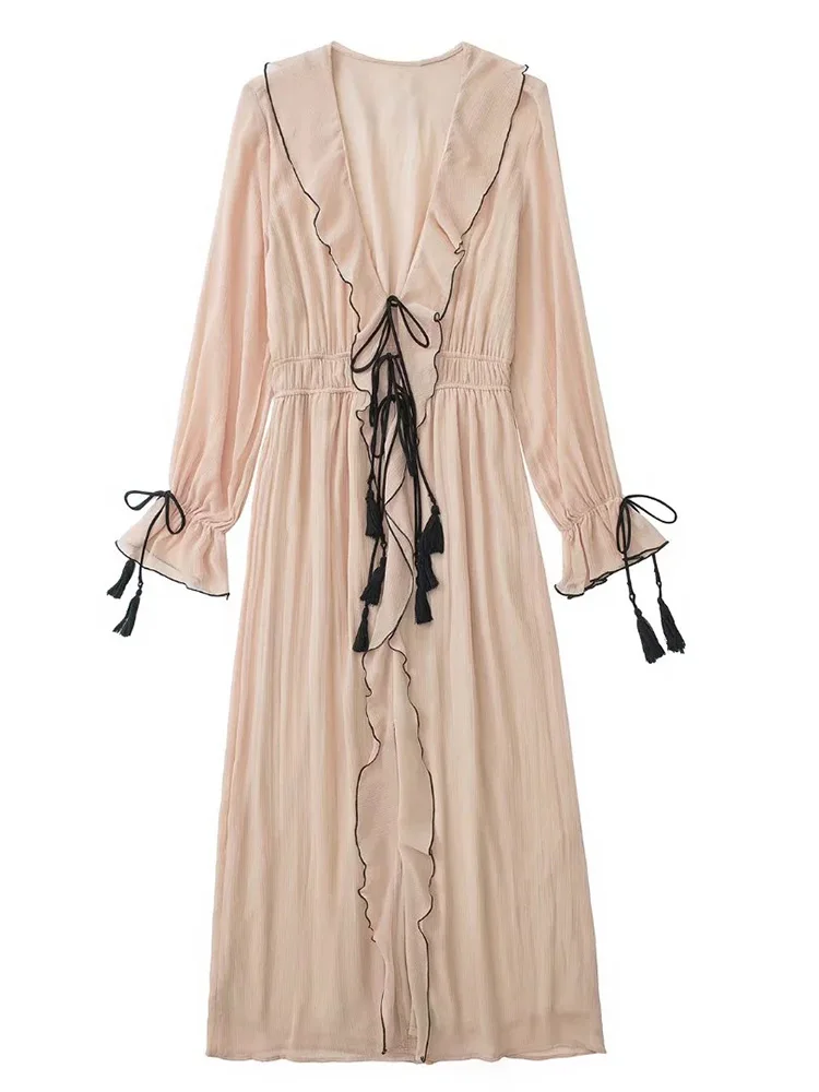 

Xikom 2022 женское модное Бандажное платье со складками однотонное с V-образным вырезом тонкое длинное винтажное женское Повседневное платье с ...