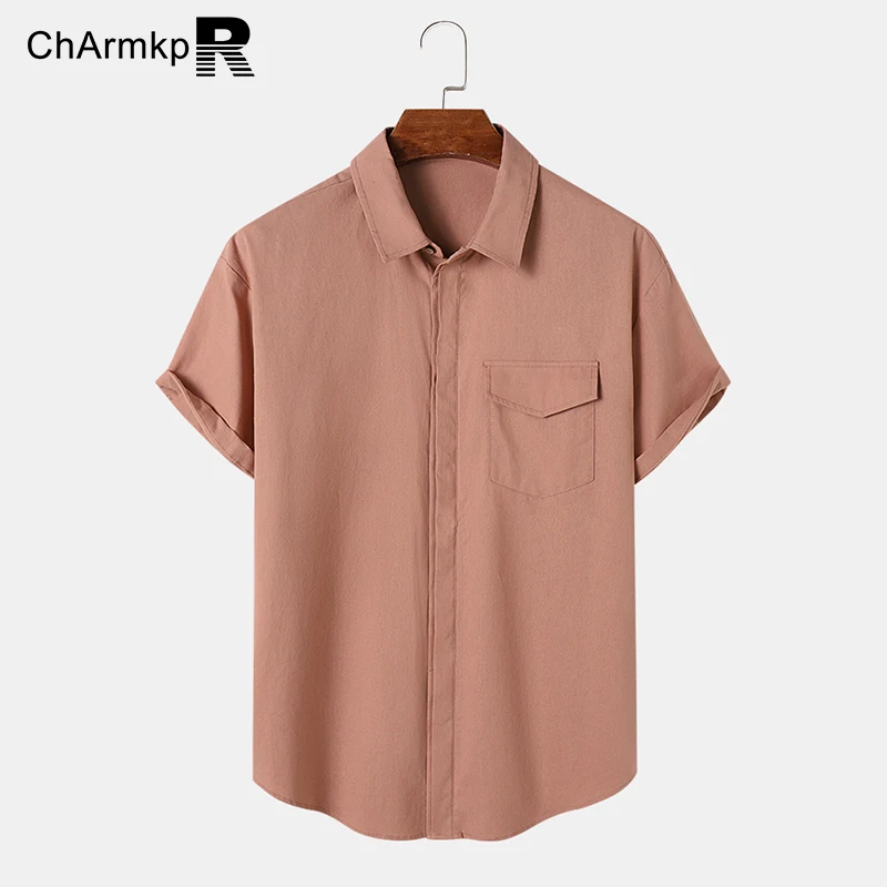 

ChArmkpR Summer Tops Men Shirts Fashion Short Sleeve Cotton Top Blouse Solid Casual Concealed Placket Flap Pocket Shirt Oversize