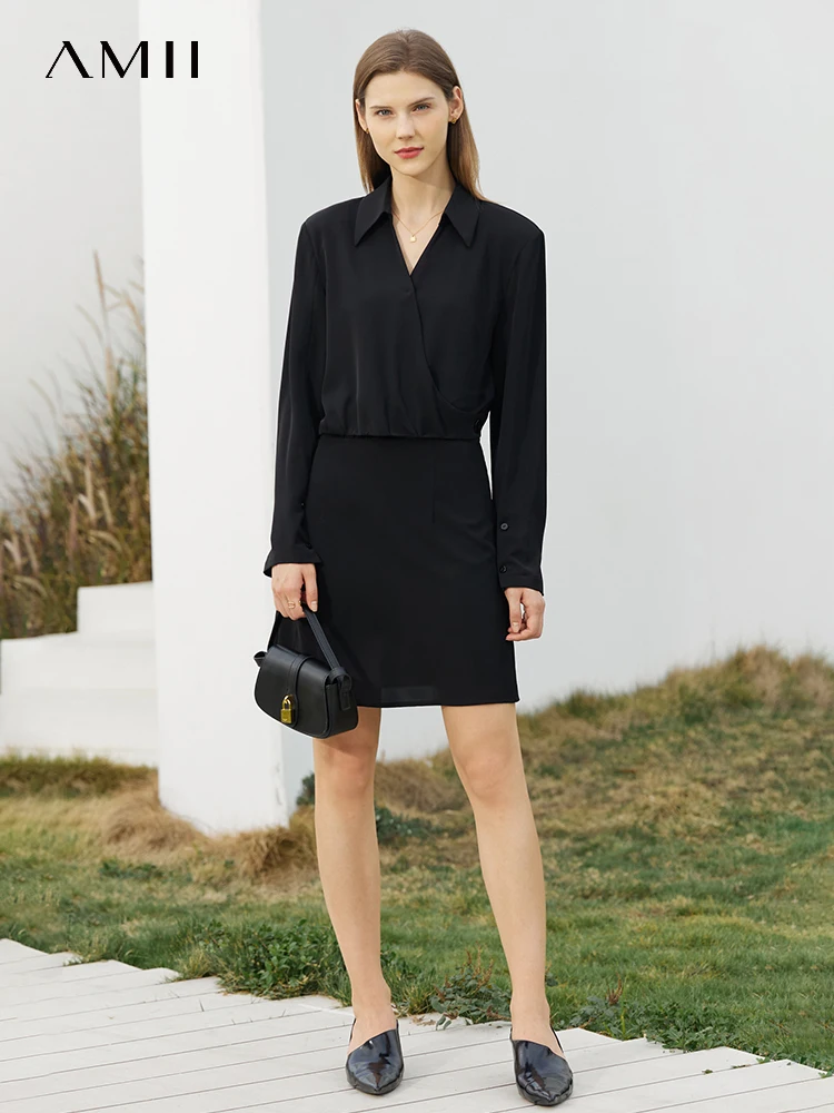 

AMII Minimalist Chiffon Dress for Women 2023 Spring Fashion Elegant V-neck Petite Niche Design Capable Commuter Vestido 12230022