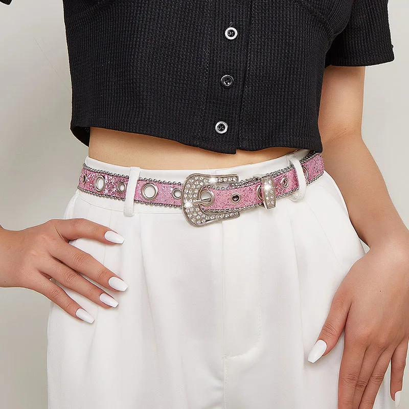 Fashion Thin Pink Rhinestone Belt for Women Y2K Luxury Sparkly Pin Buckle Waist Strap Female Jeans Trouser Decorated Waistband