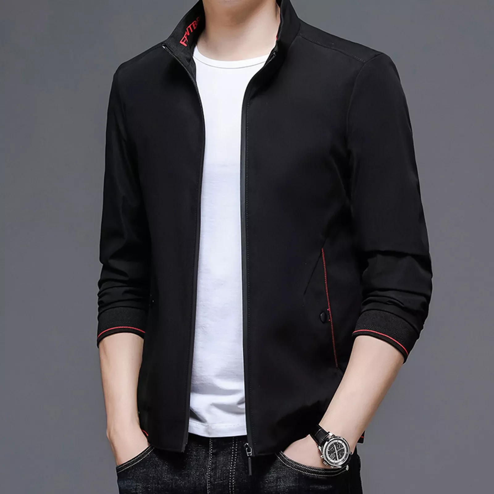 

NEW IN Men Long Sleeve Autumn Winter Stand Neck Top Blouse Coat Jacket With Pockets Mens Windbreaker Coat