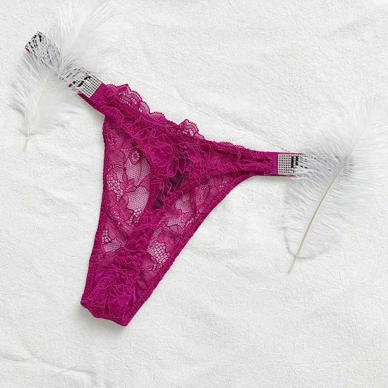 VS-Calcinha de Renda Cintura Baixa Feminina Sutiã Strass Thong Roupa Interior Conforto Letras Sexy Marca