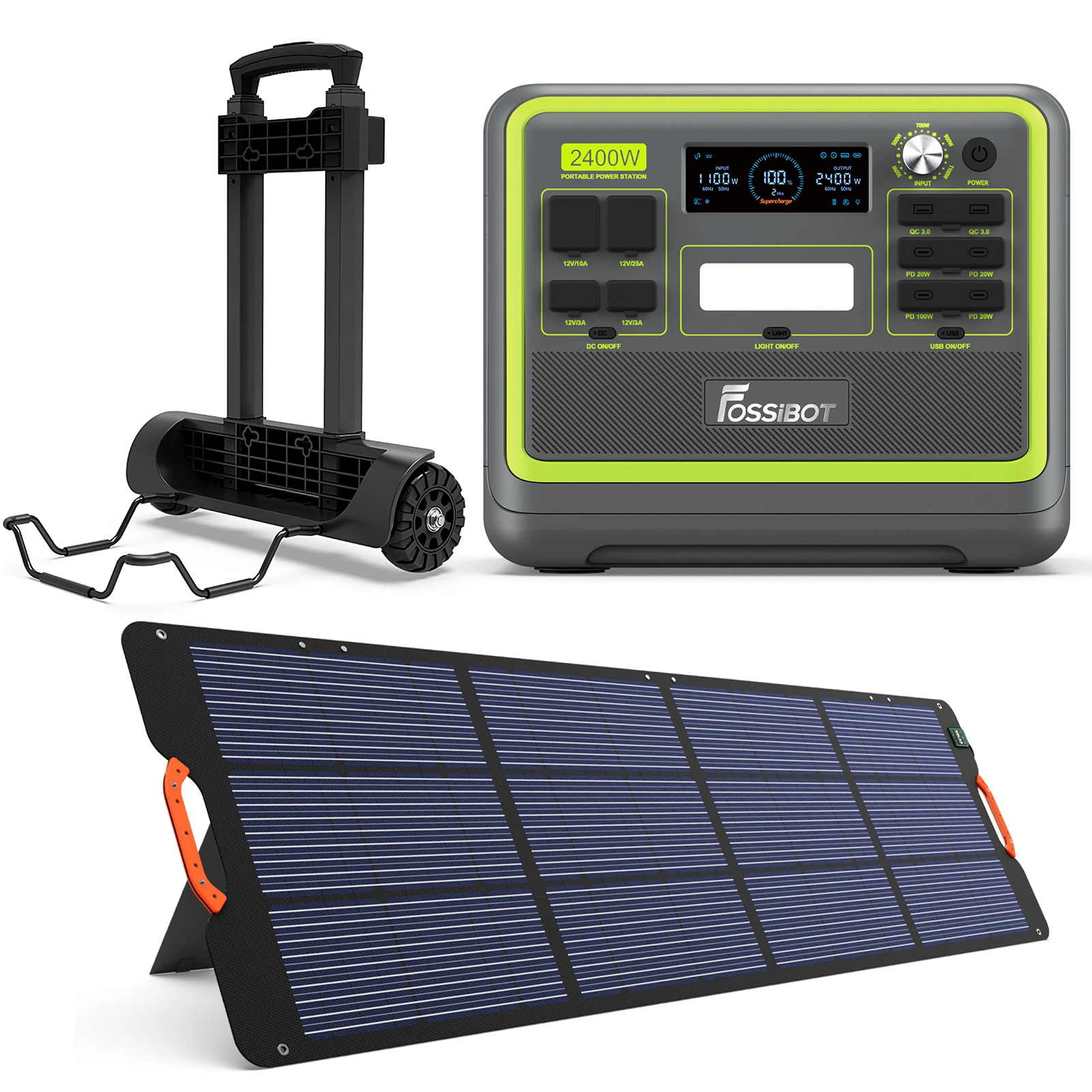 Fossibot F2400 2400W Portable Power Station with SP200 200W Solar Panel + Portable Cart for Home Outdoor Camping Emergency