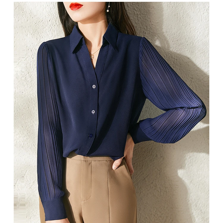 

Pleated Sleeve Blue Blouses Women Pleated Blue Top Female Dark Blue Shirts