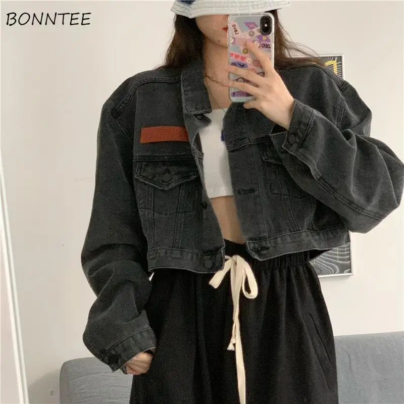 

Basic Jackets Women Solid Loose Denim Vintage Retro Casual Chic Ins Korean Style Design Crop Prevalent Cozy Cool Streetwear BF