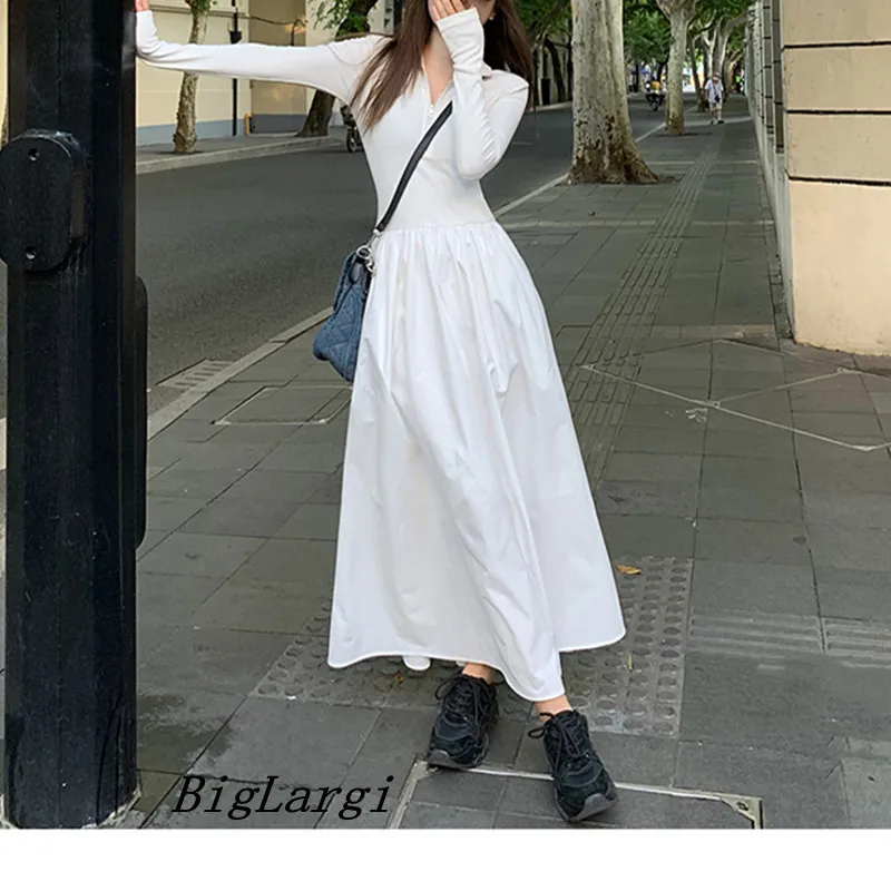 

France Style Elegant Pleated Chic Dress Women New Office 2023 Casual Loose Long Sleeve Dress Female