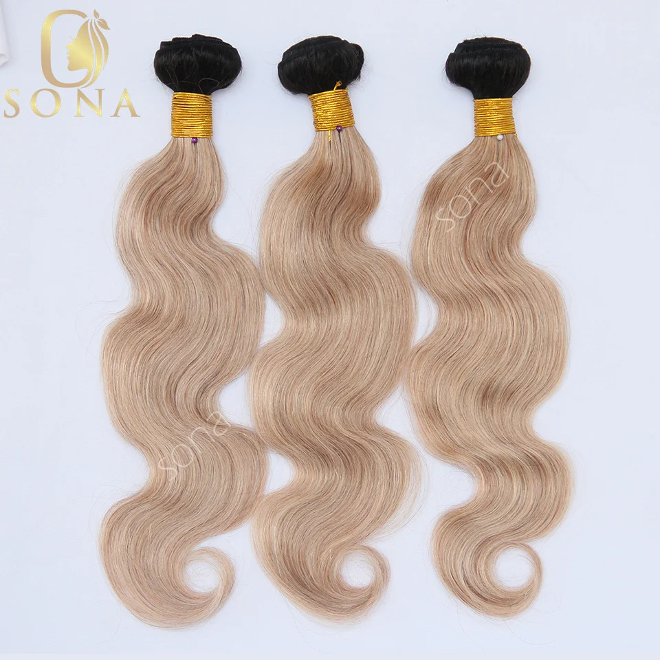 Фото Наборы натуральных волос Honey Blonde Ombre 1B 27 с заколкой-застежкой и HD-кружевом, пепельно-русый, 3 пучка с темными корнями №3