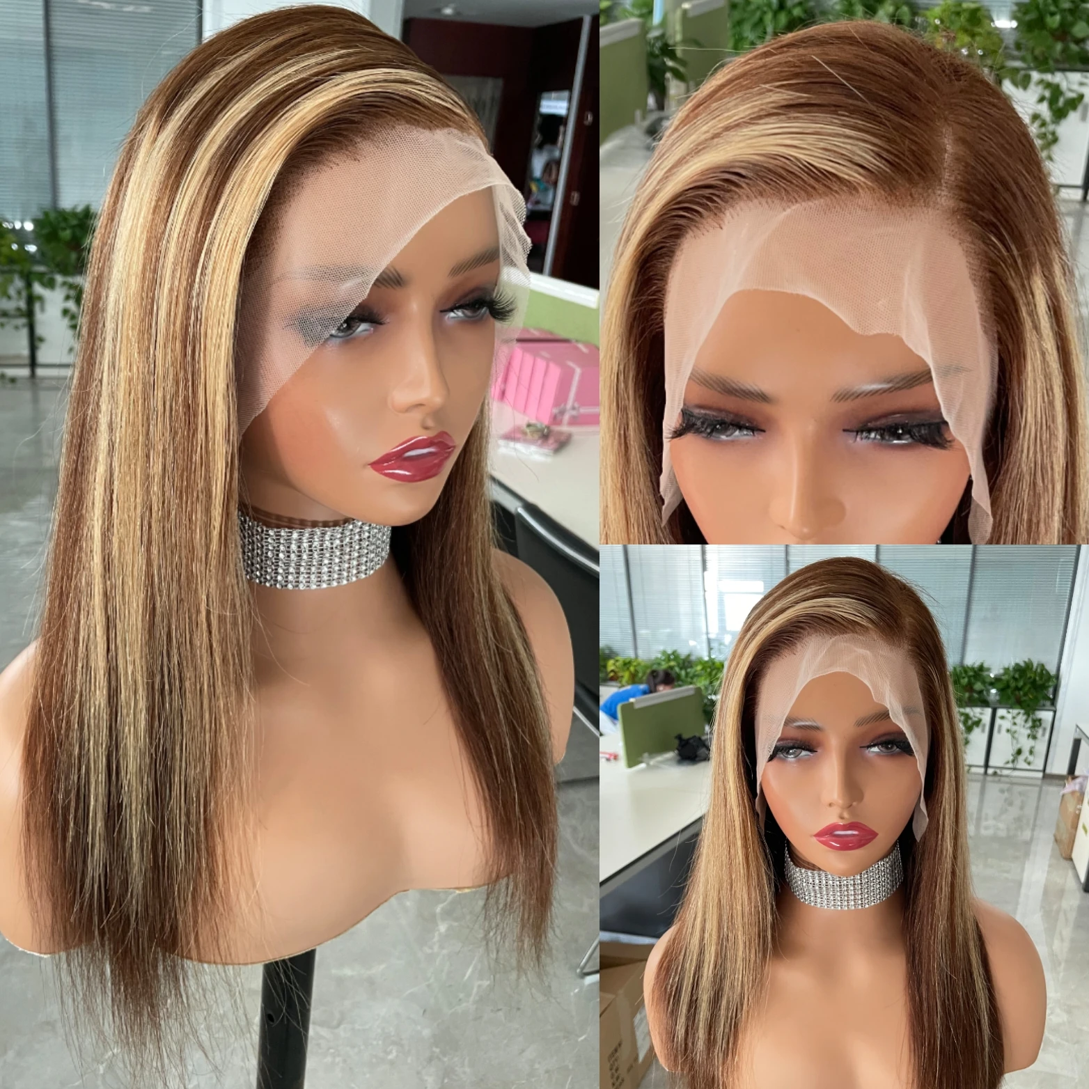

20 inch Highlight Human Hair Wig 13x4 Lace Frontal Wig for Women Bone Straight Transparent Lace P4/27 Blonde Brown Bobbi