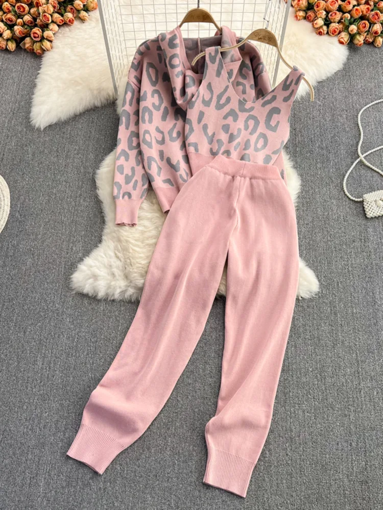 

Fall Winter Knitted Three Piece Set Women Hooded Cardigan Coat + Vest + Pants Sets Casual 3pcs Tracksuit Sweater Suits For Women