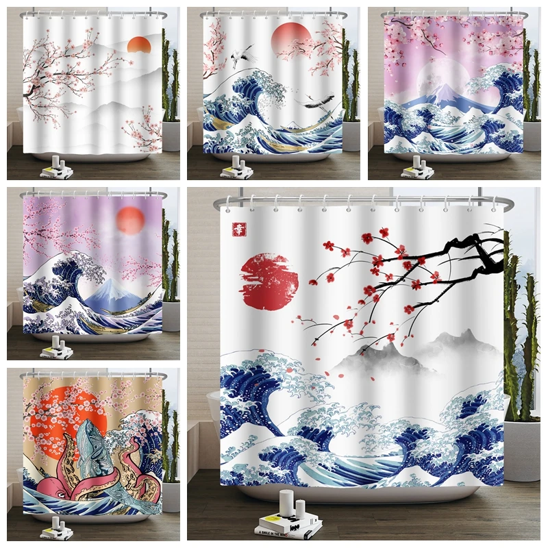 

Sea Waves Shower Curtains Pink Cherry Blossom Flowers Plant Mount Fuji Ink Landscape Polyester Fabric Bathroom Decor Curtain Set