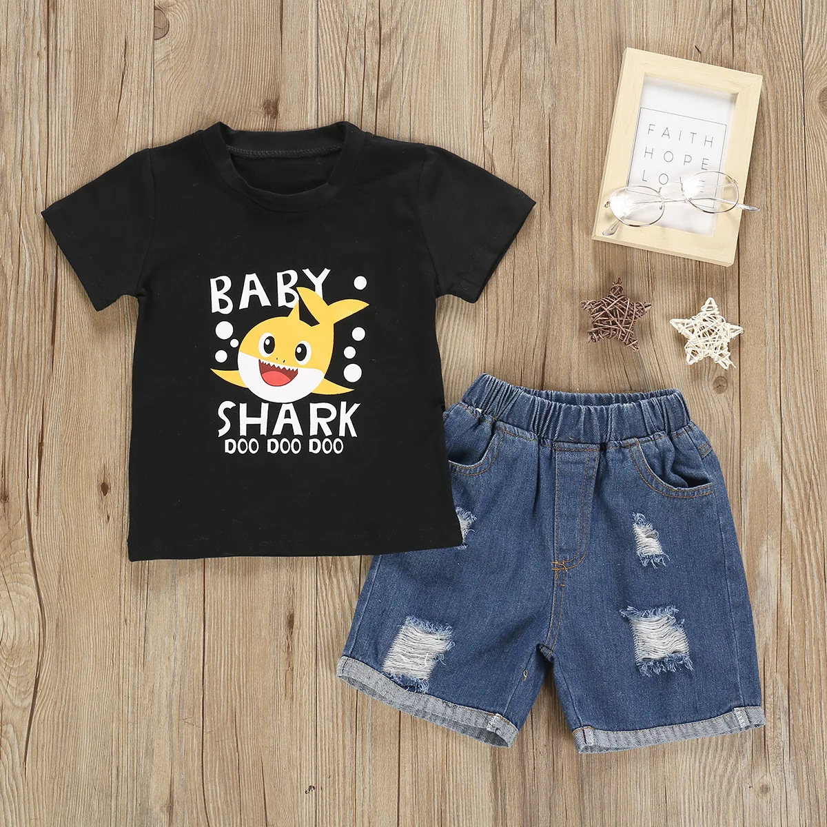 

Baby Clothes Summer Toddler Boy Clothing Short Sleeve Black T-Shirts+Denim Short 2pcs Suit Cotton Tracksuits Child Outfits Set
