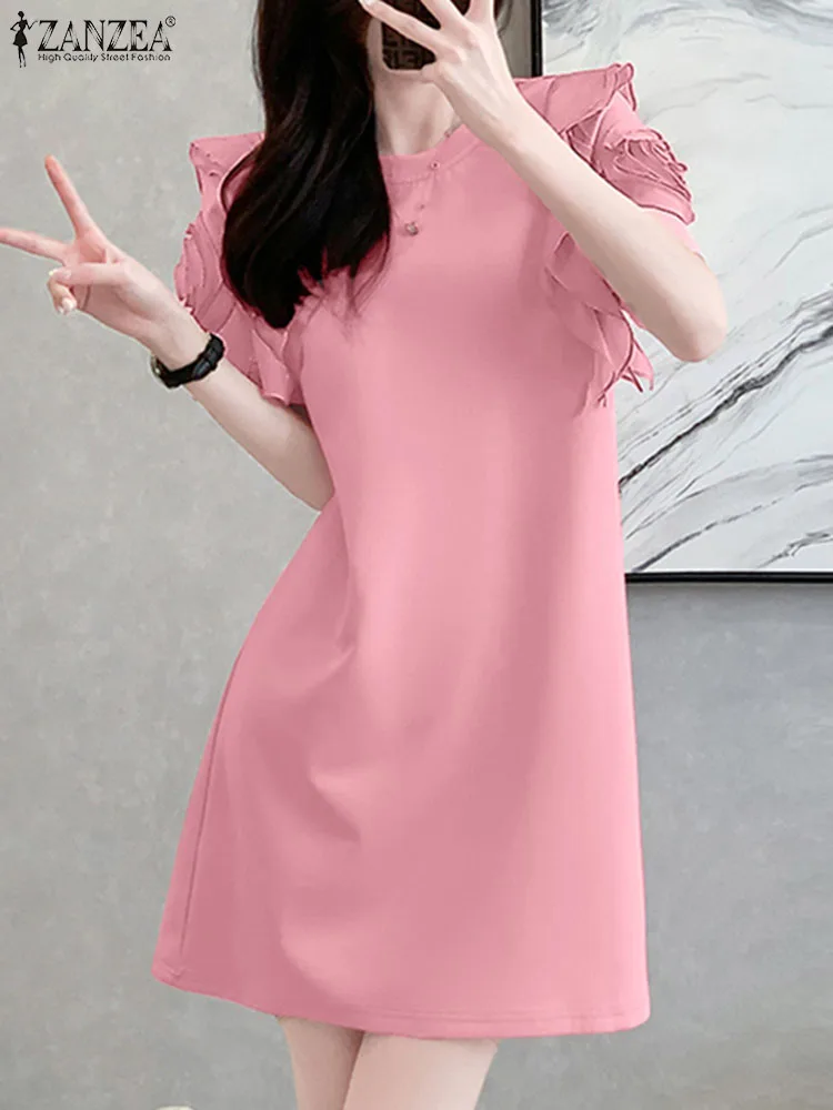 Модное женское платье ZANZEA с оборками летнее однотонное коротким рукавом до колен