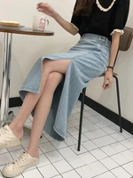 Fashion Lady Streetwear Casual Pocket High Waist Denim Skirt Mid-Calf Skirt Women Denim Skirt Solid Color Side Slit Long Skirts