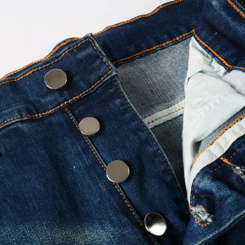 High Street Fashion Men Jeans Retro Washed Blue Stretch Skinny Ripped Jeans Men Red Paisley Patched Designer Hip Hop Brand Pants