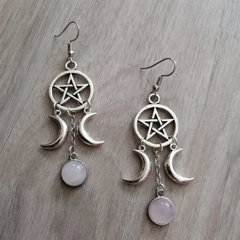Pentagram Crescent Moon Rose Stone Earrings Natural Stone Wicca Witchy Creative Gorgeous Wedding Pagan Gothic Women Gift Fashion
