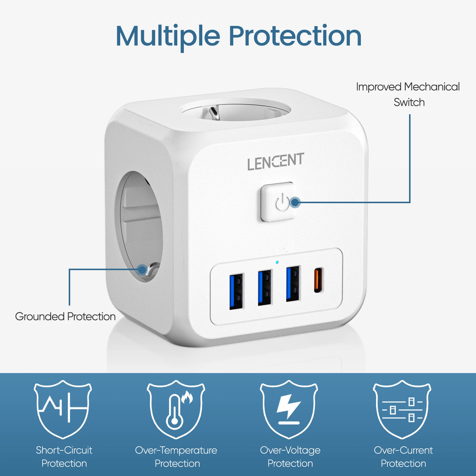 Сетевой фильтр LENCENT с 3 розетками переменного тока + USB-порта для зарядки 1 Type C 5 в а