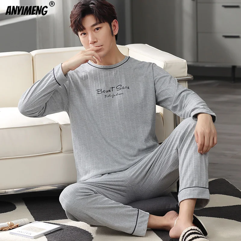 

Пижамный комплект мужской из хлопка, элегантная одежда для сна, Хлопковый пуловер с длинным рукавом, размера плюс, размеры 3XL/4XL, большие разм...