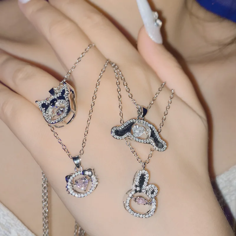 

New Necklace Light Luxury Micro-inlaid Zircon Sanrio Hello Kitty Silver Anime Kuromi Cinnamoroll Melody Girl Chain Jewelry Gift